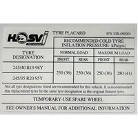 HSVi Tyre Placard for VE VF Commodore SV6 SS SS-V 10B-090001