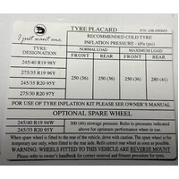 HSVi Tyre Placard for GTS, Clubsport, Senator and Grange 10B-090605