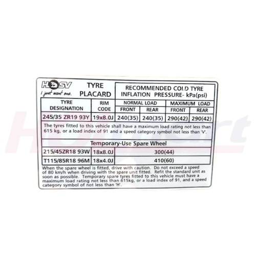 HSV VY-VZ Tyre Placard Decal