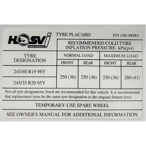 HSVi Tyre Placard for VE VF Commodore SV6 SS SS-V 10B-090001