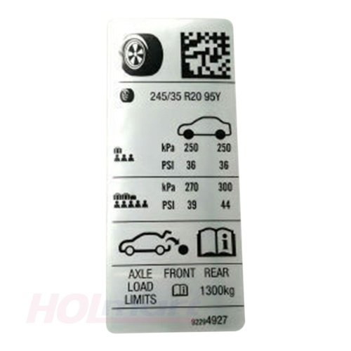 Holden Decal Tyre Placard for VE VF Commodore 