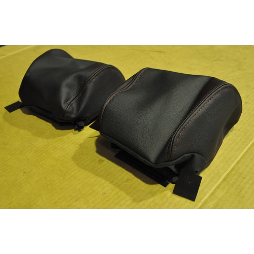 Holden VE SSV Front Leather Head Rests Pair - Black W/Red Stitching