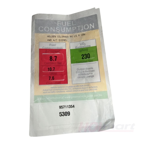 Holden RG Colorado Fuel Consumption Sticker - Automatic Transmission Diesel